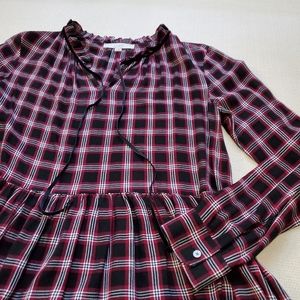LOFT Plaid Long Sleeve Ruffle Blouse